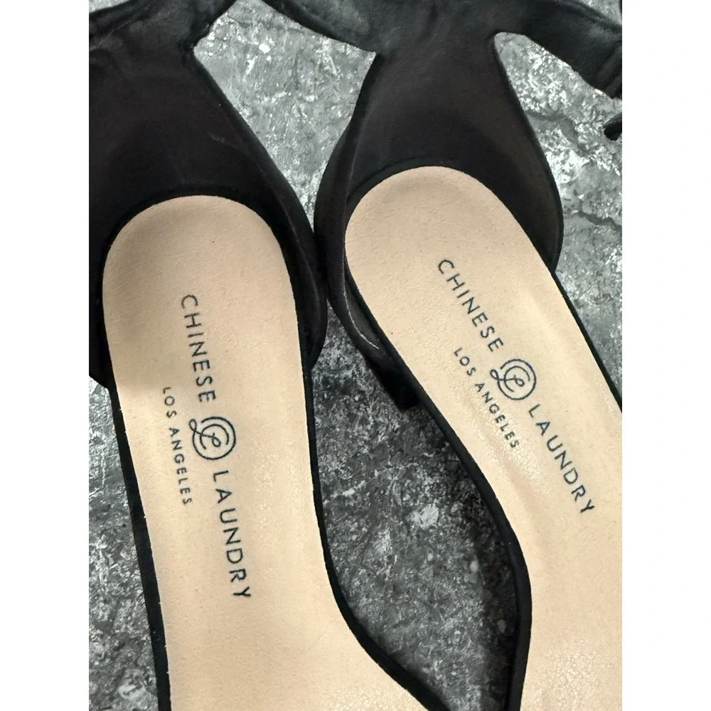 Chinese Laundry Bow Detail Open Toe Block Heel Sandals Faux Suede Black 9